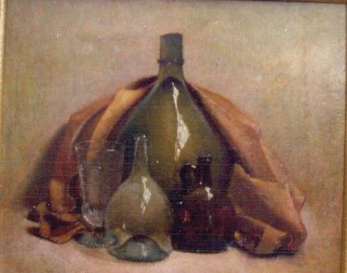 Still Life - large bottle, orange cloth