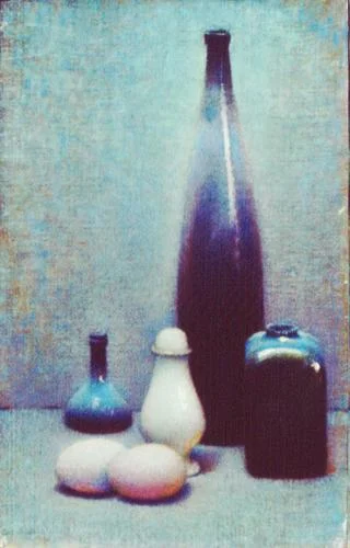 Still Life - Tall Black Bottle, Two Eggs, Salt Shaker