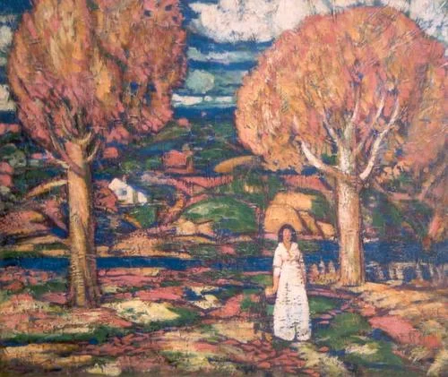 Woman Walking Between Two Trees