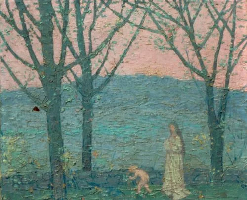 Woman and Boy Between Two Trees