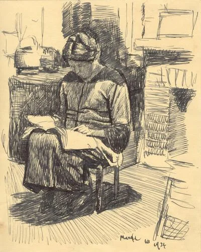 Gertrude Sitting at Fireplace